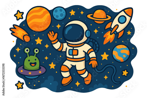 Astronaut in space with alien and rocket. Cartoon vector illustration for kids. Cosmic adventure with planets, stars, and UFO. Spaceman exploring the galaxy. Sci-fi design.