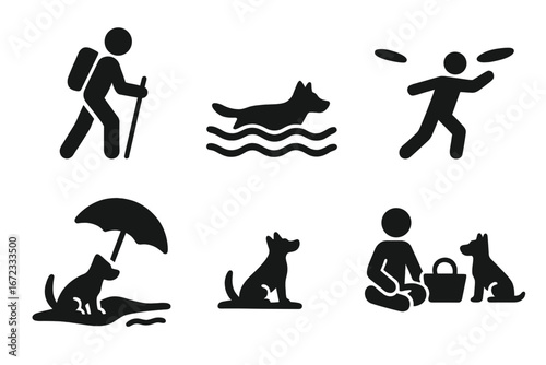 Dog and owner activity vector icon set. Solid pictograms of hiking, swimming, playing frisbee, beach day, picnic. Pet friendly outdoor leisure and recreation symbols.