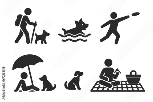 Pet activity solid glyph icon set. Man with dog hiking, swimming, playing frisbee. Outdoor leisure on beach and picnic. Pet owner lifestyle vector pictogram collection.