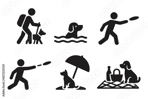 Pet activity solid icon set. Man with dog hiking, swimming, playing frisbee and fetch. Dog on a beach picnic. Outdoor leisure with pet symbol. Vector illustration.