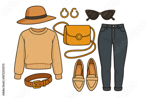 Woman's autumn fashion flat lay. Casual outfit layout with sweater, jeans, hat, and bag. Lookbook concept. Wardrobe essentials set. Modern clothing collection vector illustration.