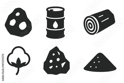 Raw materials icons set, solid filled vector illustrations of iron ore, crude oil barrel, timber log, coal, cotton boll, bauxite ore, and sand pile, natural resources, mining, industry symbols