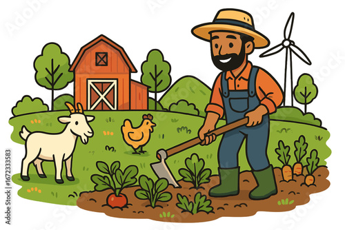 Farmer working in organic vegetable garden. Sustainable agriculture concept with wind turbine, barn, and animals. Vector cartoon illustration for local food & healthy lifestyle.