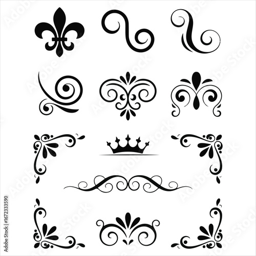Black Decorative Vector Elements on White Background