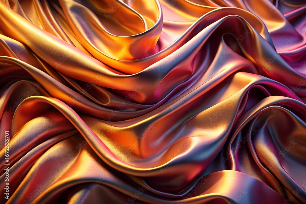Obraz premium Closeup of flowing, iridescent fabric with a metallic sheen, showcasing a gradient of warm orange, gold, and purple hues in its luxurious folds and textures