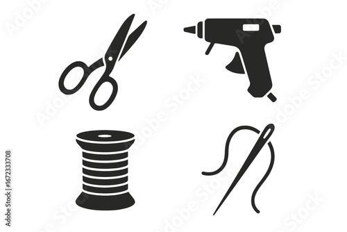 Vintage Sewing Tools Icons Solid Filled Vector Set with Fabric Scissors Glue Gun Thread Spool Needle Illustration for Fabric Crafting and Textile Work