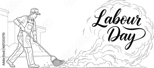 Labour day worker cleaning sweeping street celebration holiday vector outline
