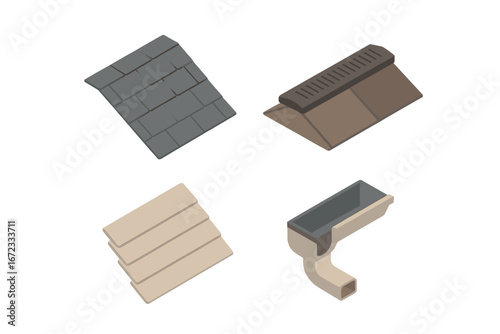 Isometric Roofing and Siding Icon Set with Asphalt Shingle, Roof Ridge Vent, Gutter, Downspout, and Siding Panels. Flat Vector Illustration for Construction and Home Improvement