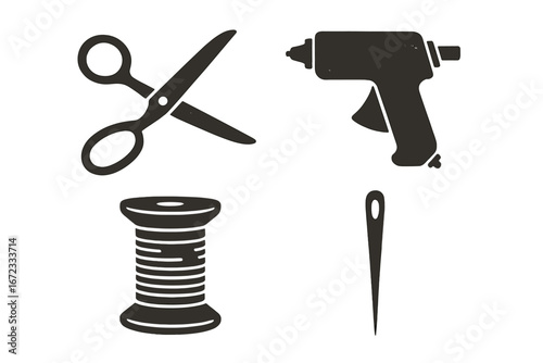 Vintage sewing tools icon set with solid fabric scissors, glue gun, thread spool, needle vector illustration for crafting and tailoring supplies design