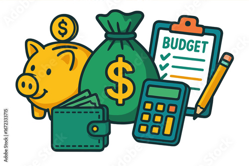 Financial planning and money management concept. Budgeting, saving, and investment tools vector illustration. Piggy bank, money bag, calculator and wallet cartoon graphic.