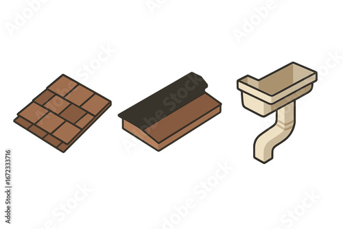 Isometric Flat Roofing Icon Set with Asphalt Shingle, Roof Ridge Vent, and Gutter Downspout, Construction and Home Exterior Elements Vector Illustration, Transparent Background