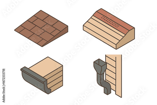 Isometric Roofing Icon Set with Asphalt Shingle Roof, Ridge Vent, Gutter, and Downspout Vector Illustration, Flat Design Roof and Siding Coordination Elements
