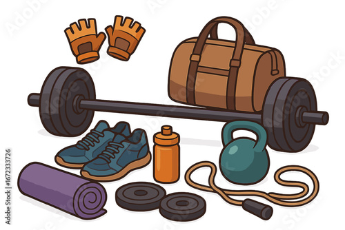 Fitness equipment set for gym workout. Vector sport accessories illustration. Barbell, kettlebell, shoes, bag, jump rope. Bodybuilding, health and lifestyle concept cartoon.