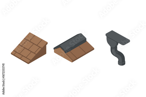Isometric Flat Roofing Icon Set, Asphalt Shingle Roof, Roof Ridge Vent, Gutter Downspout, Roofing and Siding Coordination Vector Illustration for Construction and Home Improvement