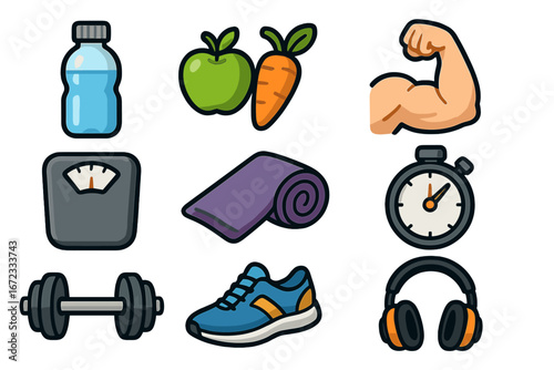 Fitness icons for healthy lifestyle. Vector cartoon illustration of sport, exercise, diet, and gym equipment. Concepts for workout, nutrition, weight loss, and muscle gain.