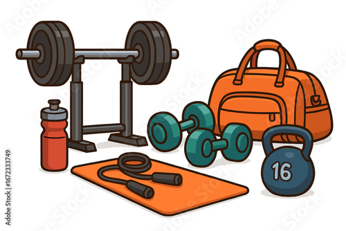Fitness gym equipment for workout. Vector illustration set with barbell, dumbbell, kettlebell, jump rope, bag. Concept for sport, bodybuilding, health, active lifestyle.