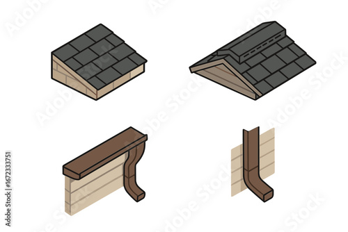 Isometric Roofing and Siding Icon Set with Asphalt Shingle Roof, Roof Ridge Vent, Gutter System, and Downspout Elements, Flat Vector Illustration for Construction and Home Improvement