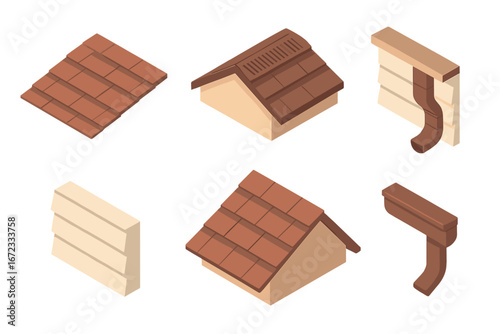 Isometric Roofing and Siding Icon Set with Asphalt Shingle Roof, Roof Ridge Vent, Gutter and Downspout Elements, Flat Vector Illustration for Construction and Home Design