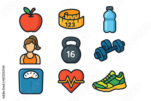 Fitness and health icon set. Vector cartoon symbols for healthy lifestyle, exercise, and diet. Includes apple, dumbbell, scale, water, and heart rate for workout design.