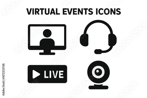Virtual Events Icons Solid Filled Icon Set for Online Meetings, Live Streaming, Webcam, Headset, and Digital Communication Technology Vector Illustration
