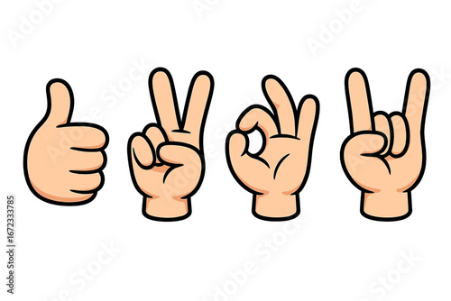 Hands showing various positive and expressive gestures like thumbs up, peace sign, okay sign, and rock on hand in creative cartoon vector style with transparent background