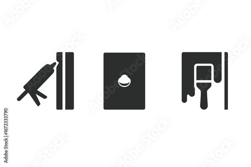 Solid filled vector icons of room finishing and detailing tools including caulking gun, nail hole filler, and paint brush edge for interior home improvement and renovation