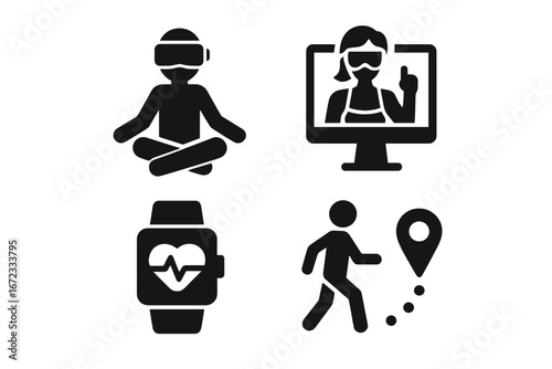 Virtual fitness and health icons set with solid filled style including VR yoga meditation, virtual personal trainer, heart rate smartwatch, and step tracking vector illustration