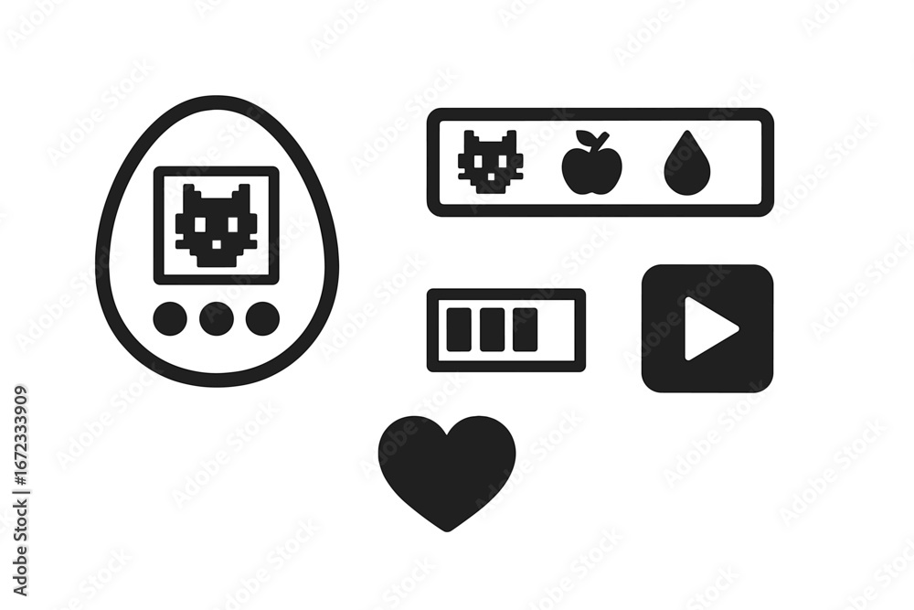 Virtual Pet Icons Solid Filled Vector Set of Pixel Pet Interfaces with Hunger Meter, Play Button, Heart Symbol, and Status Bar for Digital Game UI Design