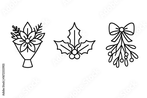 Seasonal floral icons outline set of festive holiday arrangements with poinsettia bouquet, holly leaves with berries, mistletoe bunch with bow, vector illustration on transparent background
