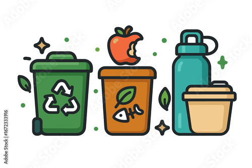 Vector illustration of sustainable practices with colorful icons of recycling bin, compost container with food waste, and reusable water bottle and food container, eco-friendly lifestyle concept