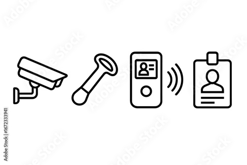 Security Icon Set Outline, Loss Prevention Icons with Surveillance Camera, Security Tag Remover, Badge Scanner, ID Card Badge Vector Illustration Transparent Background