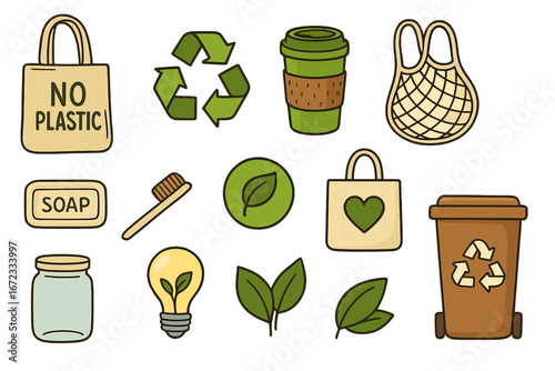 Eco-friendly sustainable living illustration with reusable bags, recycling symbols, bamboo toothbrush, soap bar, light bulb with leaf, plants, glass jar, and compost bin vector set