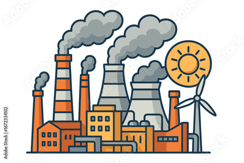 Industrial factories producing emissions and energy in a modern stylized vector cartoon illustration with smoke stacks, cooling towers, wind turbine, and solar energy icon on transparent background