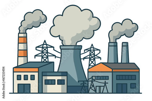 Industrial factories producing emissions and energy in a modern stylized vector cartoon illustration with smoke stacks, power plants, pollution, and electrical towers on transparent background