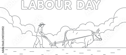 Labour day farmer ox plowing agriculture work celebration holiday rural farm