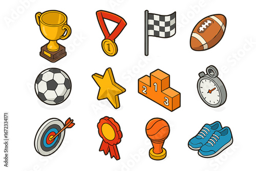 Isometric Sports and Awards Icon Set with Trophy, Medals, Competition Symbols, Balls, Stopwatch, and Achievement Badges Vector Illustration on Transparent Background