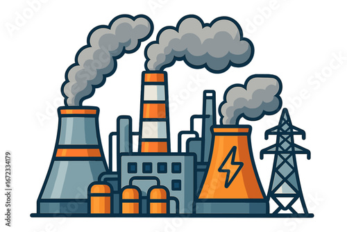 Industrial factories producing emissions and energy, modern stylized vector illustration with smoke stacks, power plants, energy production, environmental pollution concept, cartoon graphic