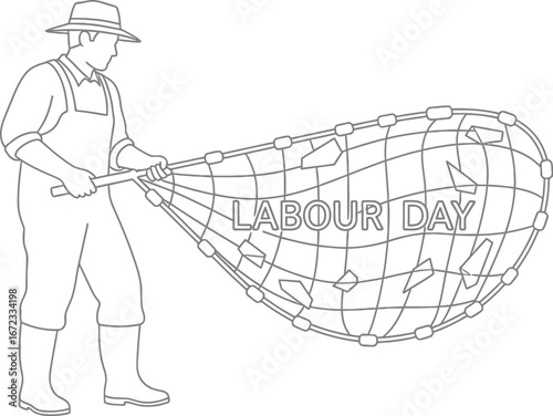 Labour day worker fishing net holiday celebration outline vector illustration