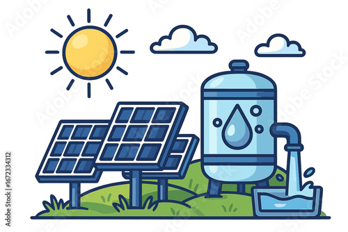 Clean Sustainable Energy Sources with Solar Panels and Efficient Water Purification System in Bright Sunny Environment, Eco-Friendly Technology Illustration