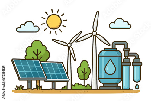 Sustainable energy sources with solar panels, wind turbines, and water purification system in a sunny environment, eco-friendly green technology, renewable power vector illustration