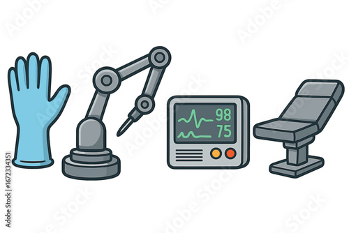 Medical technology tools including surgical glove, robotic surgical arm, patient monitoring device, and adjustable examination table for healthcare settings, vector cartoon