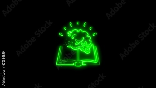 Canvastavla Glowing green neon brain and book illuminated on a black background depicting kn