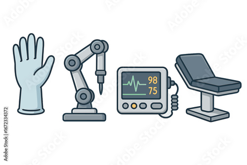 Medical technology tools including surgical glove, robotic arm, patient monitoring equipment, and examination table, healthcare instruments, vector cartoon illustration
