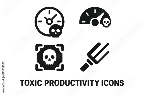 Toxic Productivity Icons Set, Solid Filled Vector Illustration of Toxic Work Tools Including Time Tracker, Performance Meter, Focus App, and Rigid Fork Symbol for Stress and Burnout