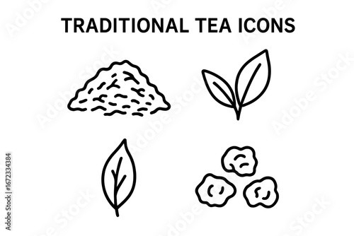 Traditional Tea Icon Set, Outline Vector of Loose Leaf Tea Pile, Green Tea Leaf, Black Tea Leaf, Oolong Tea Leaves, Herbal Tea Symbols, Beverage and Drink Illustrations