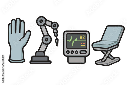 Medical technology tools including surgical glove, robotic arm, patient monitoring equipment, and examination table in healthcare settings, vector cartoon illustration