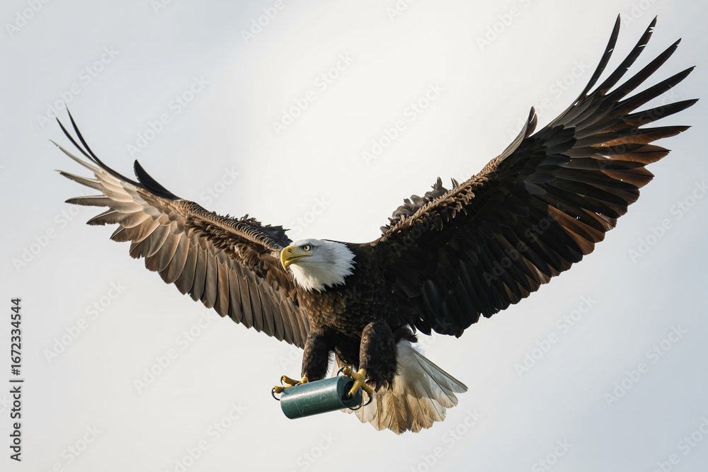 Fototapeta premium “Bald Eagle in Mid-Flight Wings Fully Extended, Talons Gripping Object on White Background