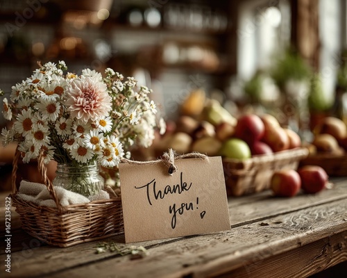 Thank you teacher note beside flowers and fruit basket on a table