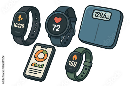 Unique collection of fitness and health tracking devices including smartwatches, fitness bands, weight scale, and mobile app in vibrant vector cartoon illustration with transparent background