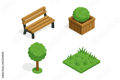 Isometric Urban Park Icons Set with Wooden Bench, Planter Box, Topiary Shrub, and Grass Patch - Flat Vector Illustration of Greenery and Outdoor Seating Zones